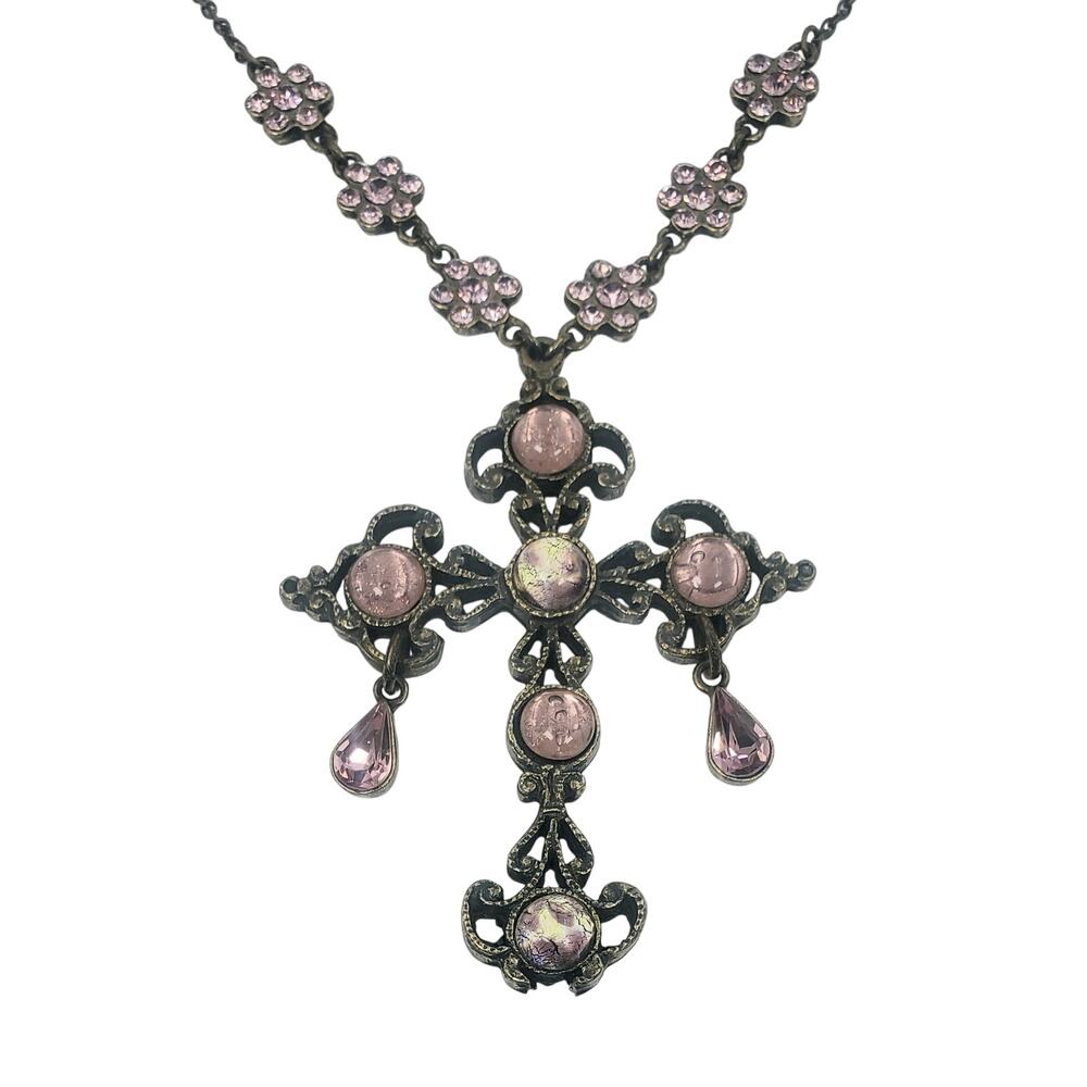 Vintage Nicky Butler Pink Moonstone Bronzetone Cross Statement Necklace in Box